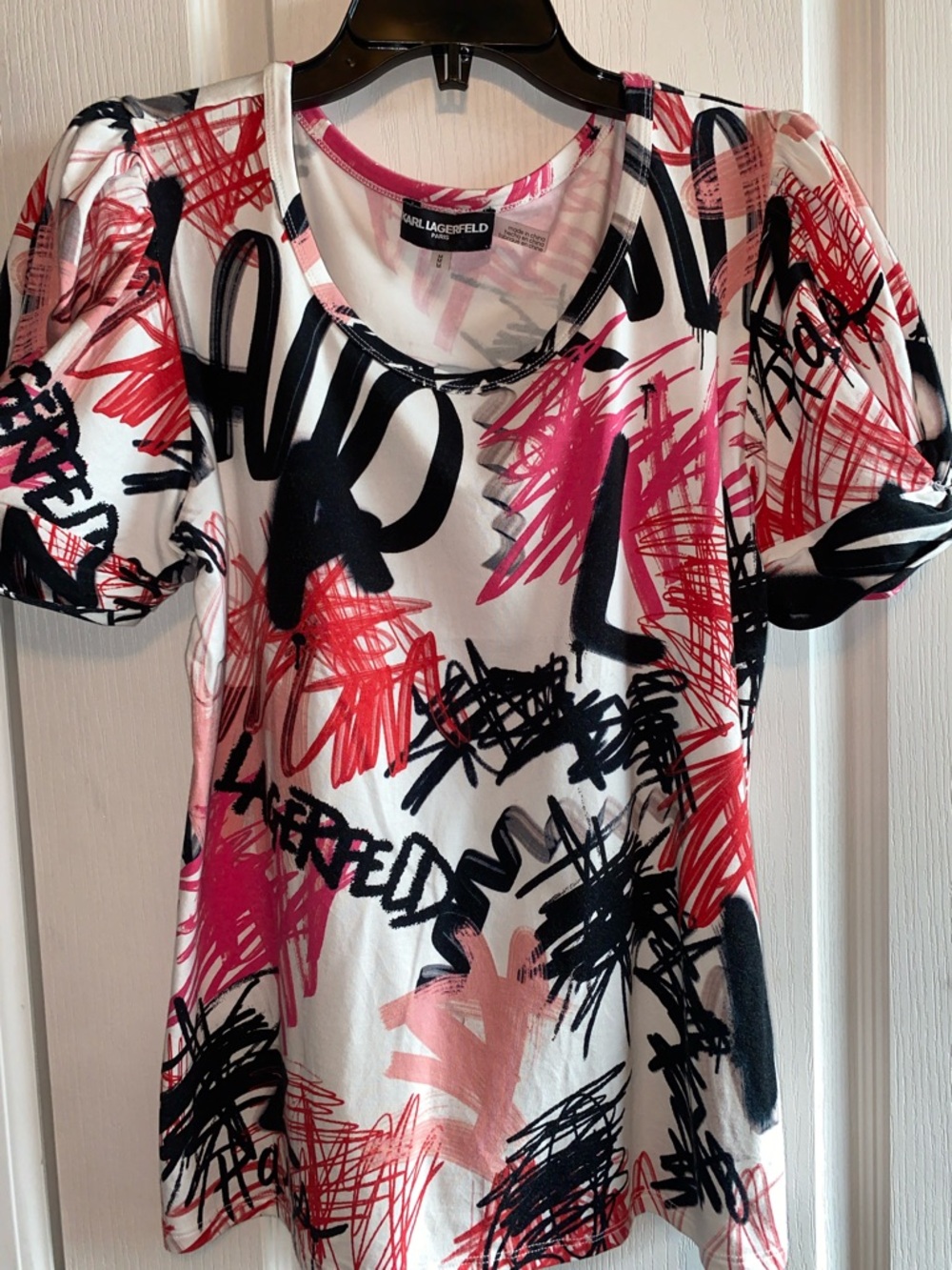Karl Lagerfeld White Tee with Pink, Red and Black Graffiti Print